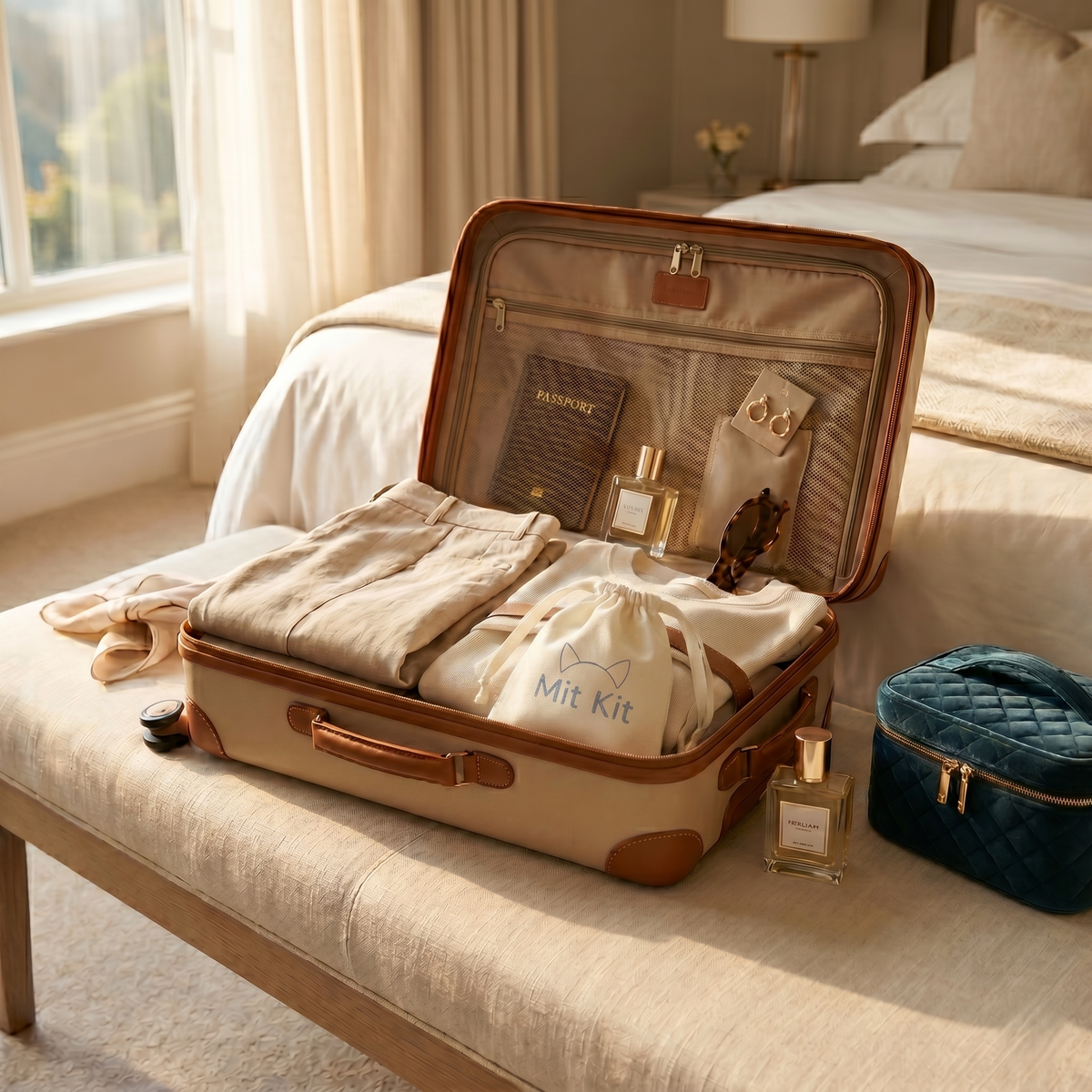 Mit Kit intimate hygiene kit packed in a suitcase for convenient travel and intimate care on the go